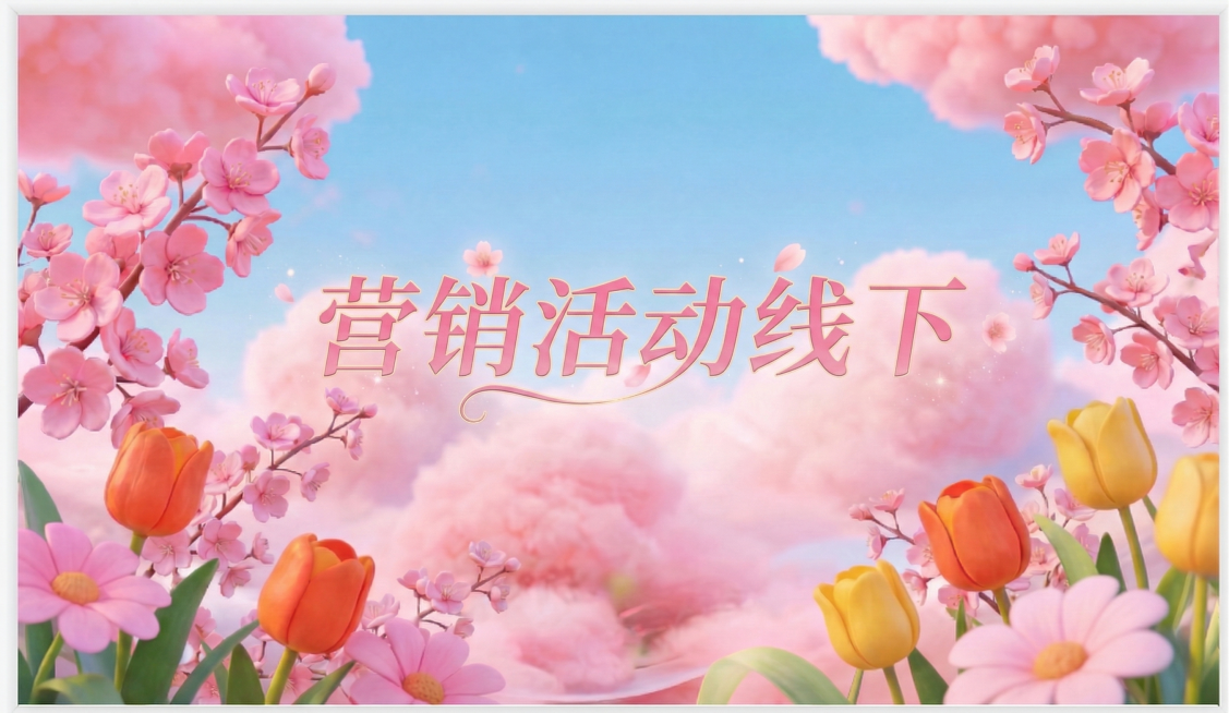 保持原图的樱花、郁金香、粉色云朵蓝天背景不变，将画面中的文字替换为营销活动线下，字体和原文字相同，颜色为粉色预览效果