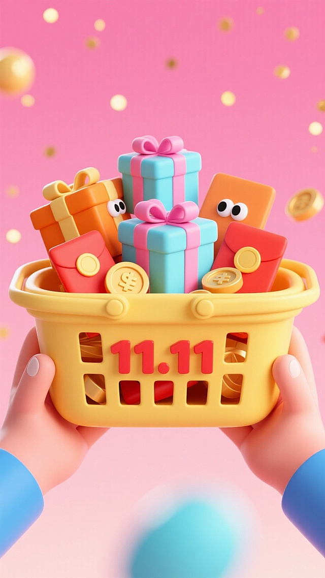 体积很大的黄色购物篮占据了画面的绝大部分，购物篮旁有两只较大的手托着篮子，篮子上印有醒目的红色“11.11”字样，篮内堆叠着一个浅蓝色礼盒（粉色丝带），一个橘色礼盒还有其他几个礼盒，一个的红包，篮子里还有几个金币。篮子内的物体都有一双可爱的眼睛。背景为渐变粉红与金色光点，增强节日感。渐变粉色背景。