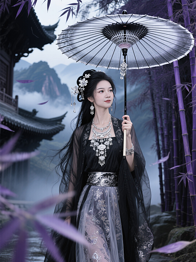 在充满神秘氛围的古风建筑场景中，身着华丽传统服饰的东方女子为核心主体。全身，全身人像写真，超低角度广角视角。她黑色凌乱长发，鬓角两侧有长发，头上插着银花与精致的银发饰，佩戴繁复且精美的银质项链、耳饰等配饰。纱织异域风服饰，衣袍有细腻花纹与光泽，裙摆华丽花纹欧根纱材质。她右手单手拿大号银边华丽黑色金属油纸伞，伞边带有银色金属吊坠装饰，姿态优雅又带神秘张力，绝美眼睛，居高临下地看向镜头。背景巫山云雨深