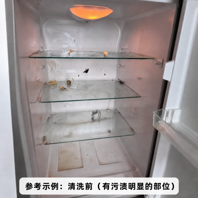 将图片底部的文字修改为“参考示例：清洗前（有污渍明显的部位）”… - 图片创意预览