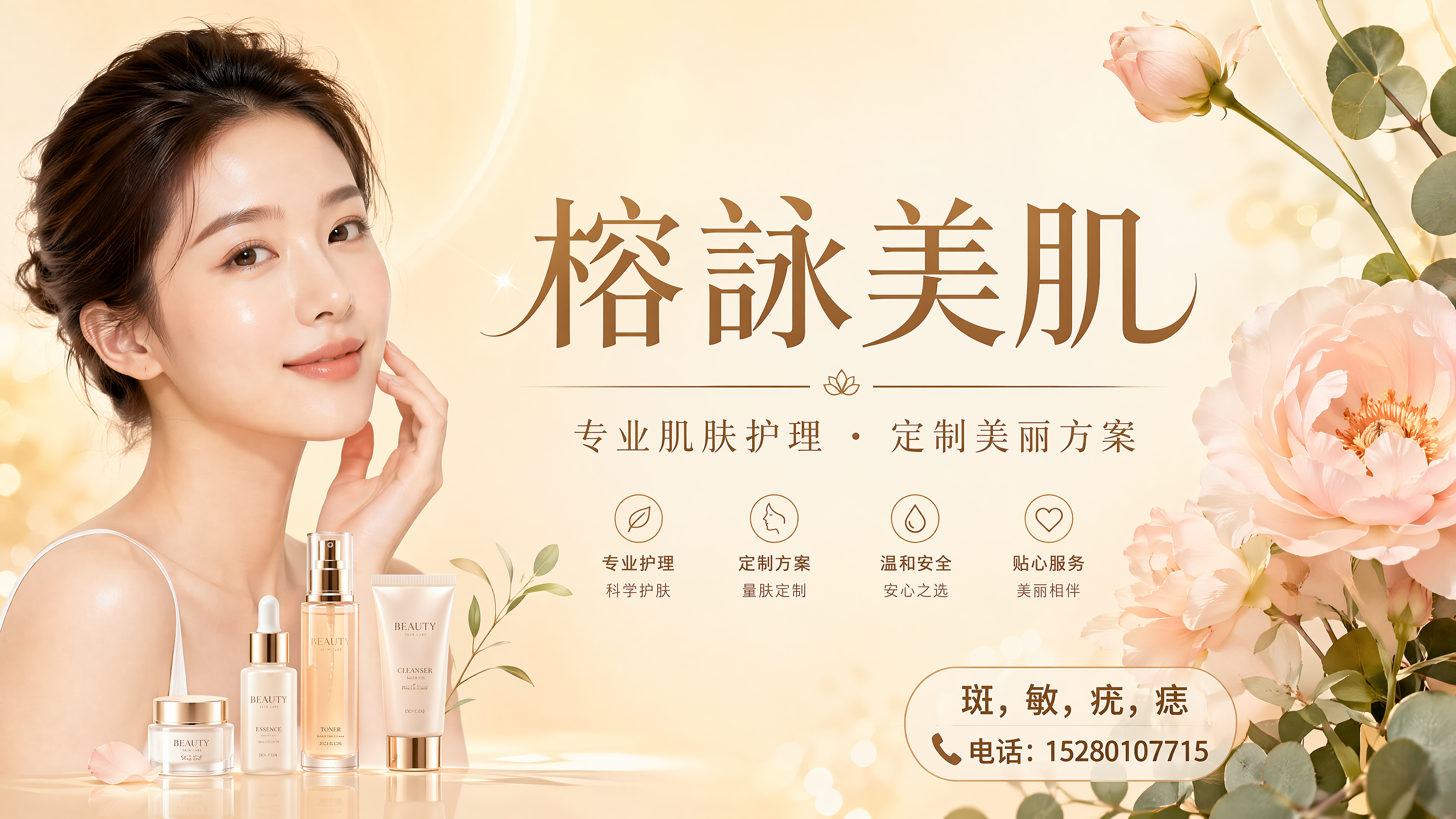 简约高级暖调美妆护肤门店海报，主标题文字"榕詠美肌"，副标题文… - 图片创意预览