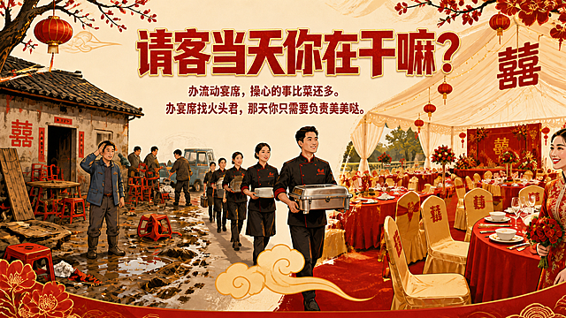 在这张图片上方空白区域，叠加大字报文案：标题文字为"请客当天你在干嘛？"，使用粗黑/综艺体；下方副文案为"办流动宴席，操心的事比菜还多。办宴席找火头君，那天你只需要负责美美哒。"，副文使用思源黑体；保持原图片风格不变，文字清晰醒目排版美观