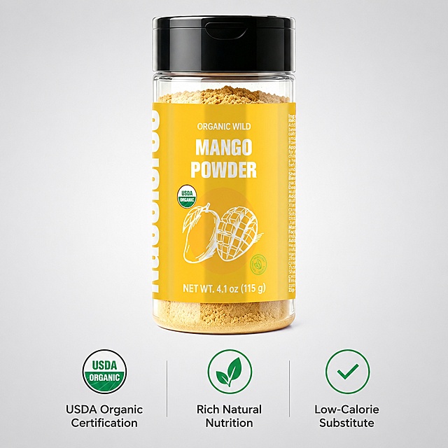[主图-5] Core selling points display and trust endorsement. [氛围风格] Clear information classification, professional and trustworthy style. [画质] Clear commercial graphic photography, neat layout, high contrast reading. [元素] The input mango powder bottle is placed in the upper center of the frame, the lower part is three core selling points arranged horizontally. Each selling point is matched with a simple icon: the first USDA Organic certification icon, the second natural nutrition leaf icon, the third low-calorie tick icon. Maintain the bottle appearance completely consistent with the input product image. Background is low saturation light gray gradient, clean and not distracting. Product subject accounts for about 60% of the frame. [光影] Soft uniform studio light, clear at a glance, no large shadow. [配色] Mainly light gray background, product yellow, icon green and dark gray, collocation clear level. [视角构图] Product upper, information lower layout, centered composition, neat and standardized. [文字版式] Under each icon correspond to the text: "USDA Organic Certification", "Rich Natural Nutrition", "Low-Calorie Substitute". Text are dark gray clear sans-serif, same size, arranged horizontally evenly, clear and readable. All text use English, the overall layout is balanced, no blocking product. [输出要求] 1:1 square ratio, text clear recognizable, 2K ultra high definition commercial photography quality. [负向提示词] Deformation, text disorder, product image blur, cluttered background, watermark, e-commerce platform logo, Chinese characters