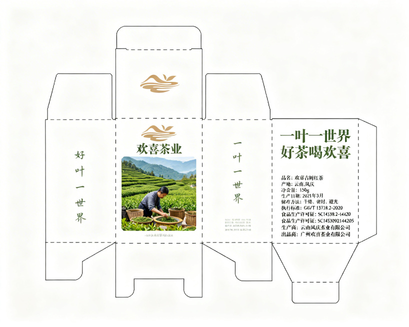 根据参考刀模线稿，设计欢喜古树红茶包装盒展开图，在包装正面放置欢喜茶业标志，使用参考图片的设计元素，包含规定文字："一叶一世界 好茶喝欢喜"，"品名:欢喜古树红茶"，"产地:云南.凤庆"，"净含量:1预览效果