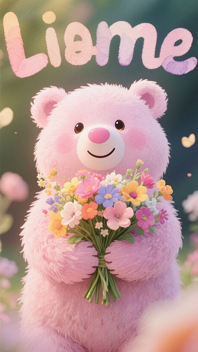 一个可爱的粉色小熊，手拿一束鲜花，微笑着。卡通水彩画风，画面唯美