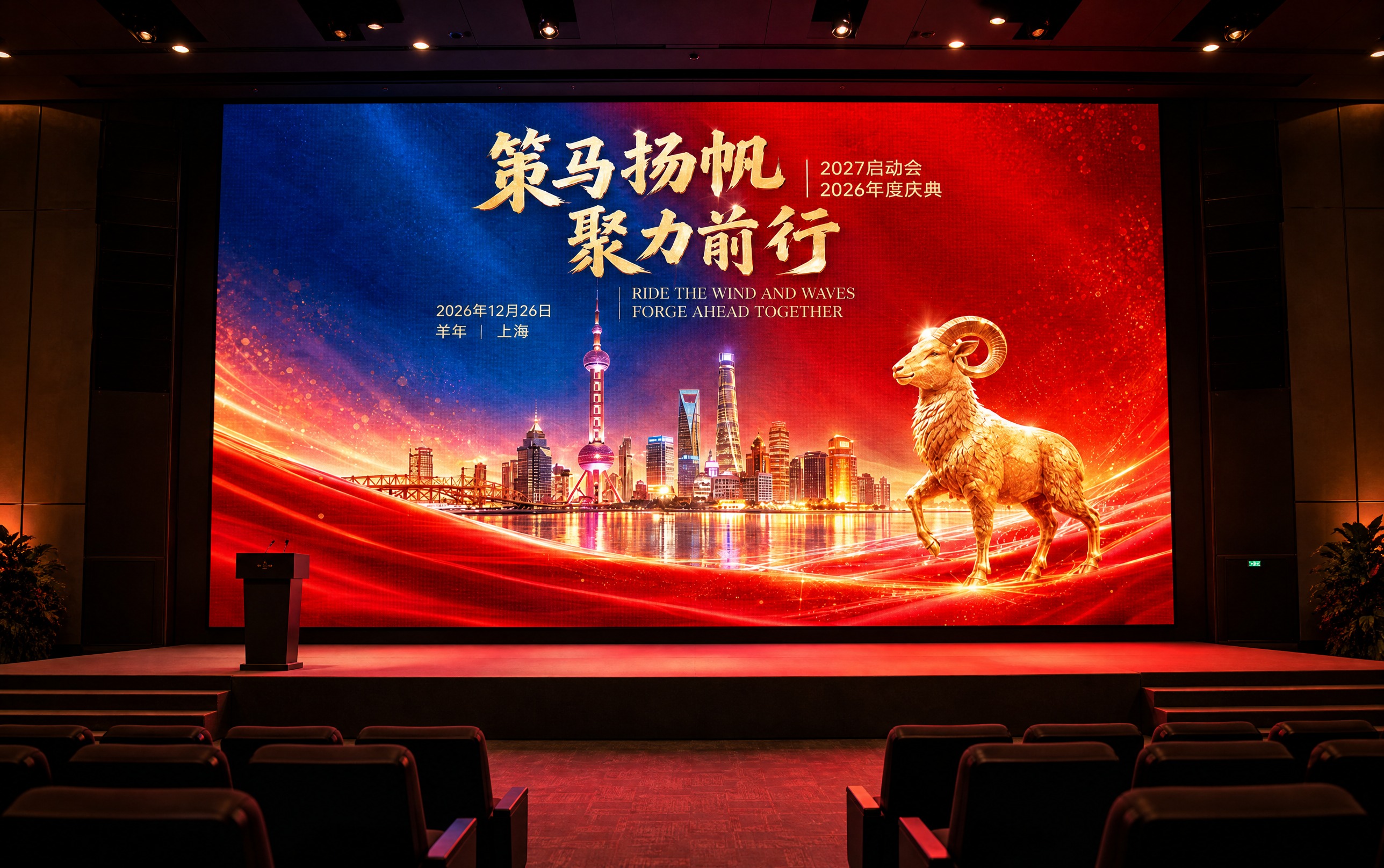 将这张"策马扬帆 聚力前行"年会庆典主视觉海报放到公司大型LE… - 图片创意预览