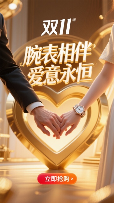 以下是为你生成的AI绘画提示词：

画面整体呈现商业摄影风格，以电影感灯光打造温馨浪漫氛围。照片中心，一对时尚情侣的手温柔相握，男生手部线条有力，女生手部纤细柔美。两人手腕上分别佩戴着优雅奢华的手表，预览效果