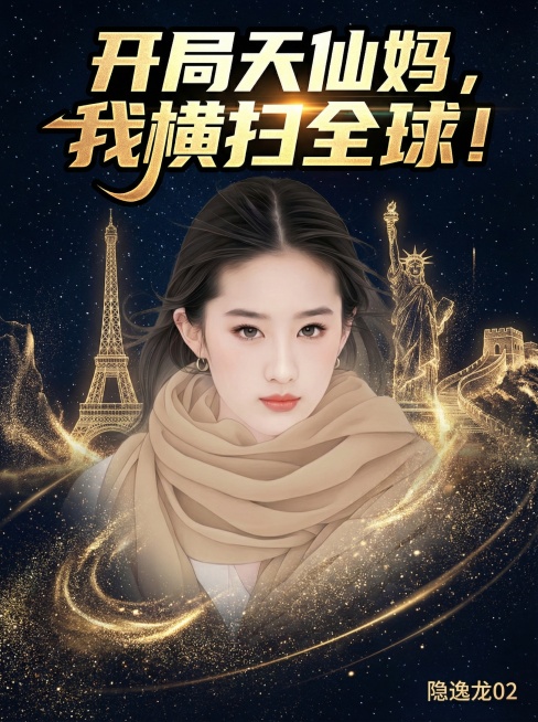保留原图天仙面部，仅展示上半部分，下方渐隐，米色围巾下方渐隐为金色粒子；人物肩部后方升起半透明的埃菲尔铁塔、自由女神、长城等全球地标；背景为深空蓝黑渐变并添加星光粒子；顶部添加金黑配色的大字书名"开局预览效果