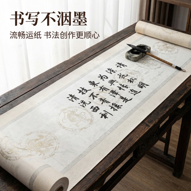 [主图 4] 使用场景展示，展示这款长卷宣纸展开后的实际书法书写效果。[氛围/风格] 自然真实，国风书写氛围，传递书法文化质感。[画面元素] 将一卷宣纸展开平铺在深色书案上，纸上书写好几行汉字书法，保预览效果