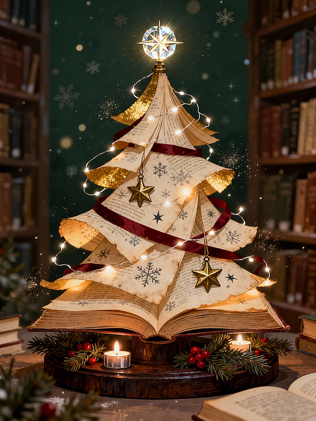 灵感来自安静的冬夜与翻书时的温暖触感。我希望用书页堆叠出一棵圣诞树，让节日不再只是热闹与闪耀，而是一种可以慢下来感受的温度。灯光、纸张与柔和色调共同营造出宁静的圣诞氛围，传递陪伴与祝福的意义。