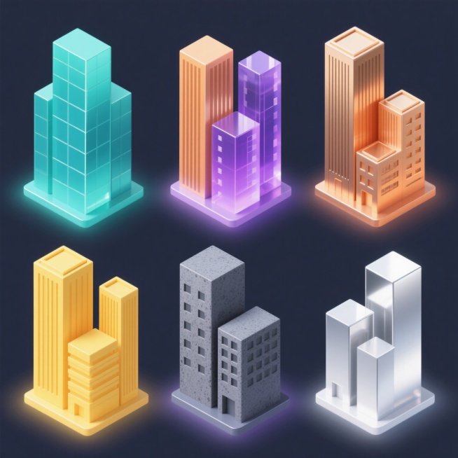 一组六个不同材质的现代城市建筑群图标，保持相同的简约几何造型和垂直向上的排列结构，每个图标均以纯色背景为衬托，整体呈现规整的网格排布。建筑群由多栋不同高度的长方形摩天大楼组成，包含带竖条纹装饰的高楼、带小方窗的中楼和简约的板式建筑。六个图标分别采用以下材质和对应的整体色彩：1. 光滑蓝绿色玻璃幕墙，带有轻微反光和底部光晕；2. 哑光橙色金属质感，表面有细微的拉丝纹理；3. 半透明紫色水晶材质，……预览效果