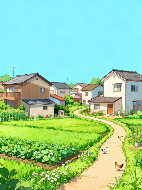 清新漫画风格乡村场景，低矮的错落民居，屋旁有翠绿农田和小花，蜿蜒小路，少量家禽，上方留出大量干净的浅蓝色天空留白，整体色调明亮柔和预览效果