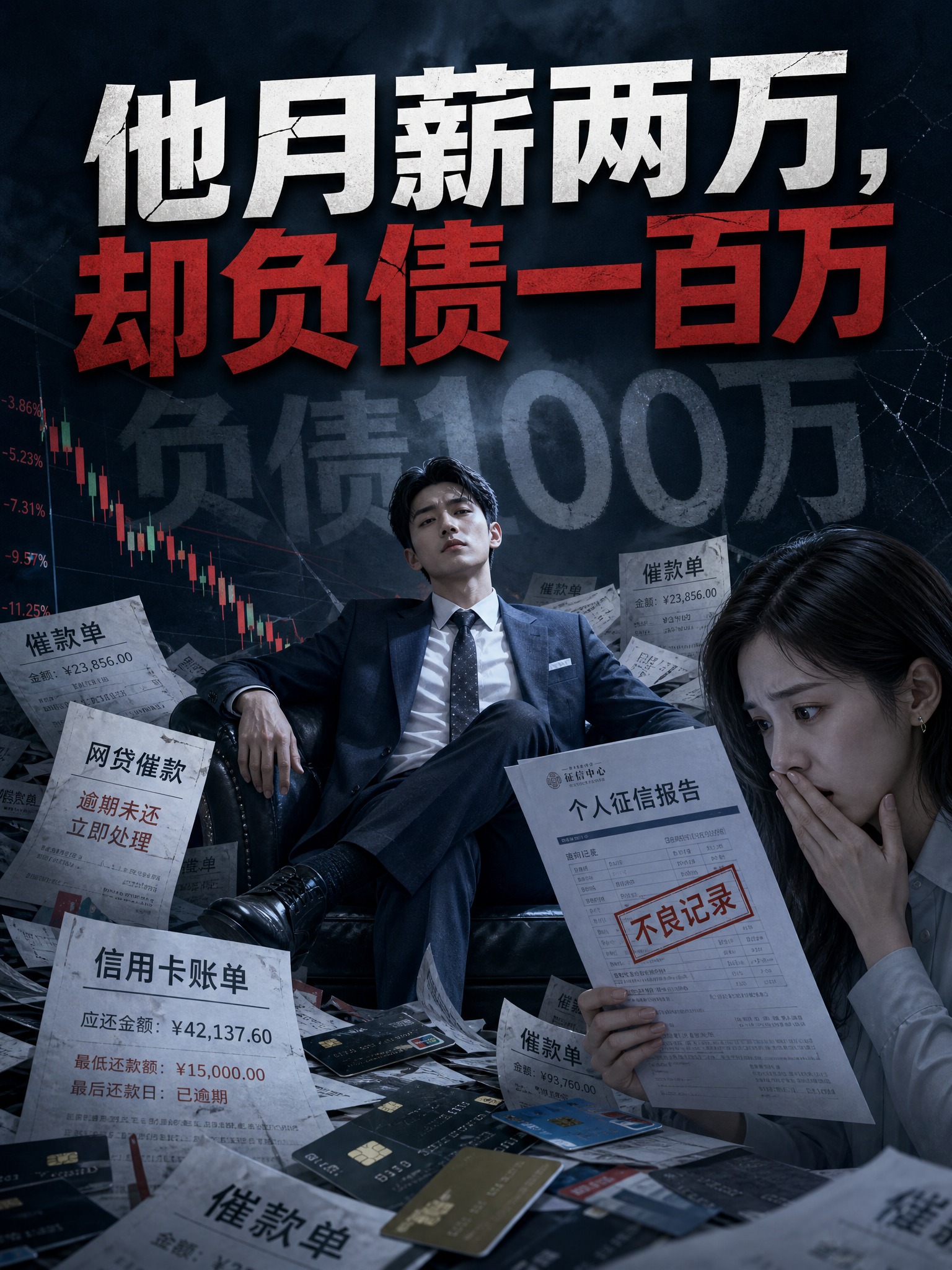 情感公众号文章封面图，主题为「他月薪两万，却负债一百万」。画面… - 图片创意预览