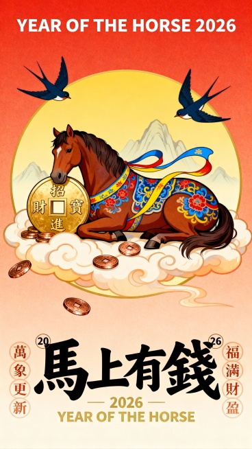 纯扁平风，国潮风描边插画，极繁，丰富细节的国潮插画，扁平插画，正红红渐变浅橙底色，搭配祥云。画面主体为金色圆形构图，中央是棕深棕骏马，马身装饰蓝红黄传统缠枝花纹样，缠绕飘带，马卧在祥云上，马头靠在一个预览效果