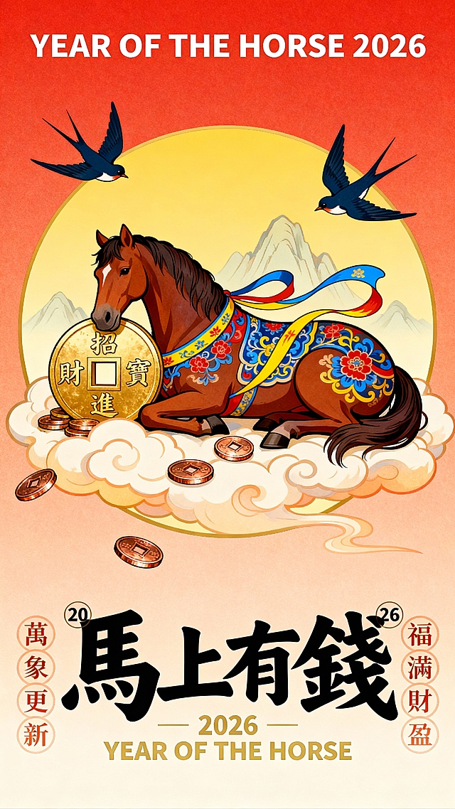 纯扁平风，国潮风描边插画，极繁，丰富细节的国潮插画，扁平插画，正红红渐变浅橙底色，搭配祥云。画面主体为金色圆形构图，中央是棕深棕骏马，马身装饰蓝红黄传统缠枝花纹样，缠绕飘带，马卧在祥云上，马头靠在一个大钱币上，马周围环绕铜币，两只深蓝色燕子环绕马，圆形背景为暖黄色渐变，衬以浅金山峦。文案排版为：顶部居中一行白色字「YEAR OF THE HORSE 2026」；圆形下方主标题为一行黑加粗书法字体「馬上有錢」，“馬”字左上角有小小的“20”，“錢”字右上角有小小的“26”；主标题下方叠印浅金细「2026 YEAR OF THE HORSE 」；标题左右两侧竖排浅橙色小字，左侧「萬象更新」、右侧「福滿財盈」；马身旁铜钱旁点缀迷你烫金字体「招財進寶」。