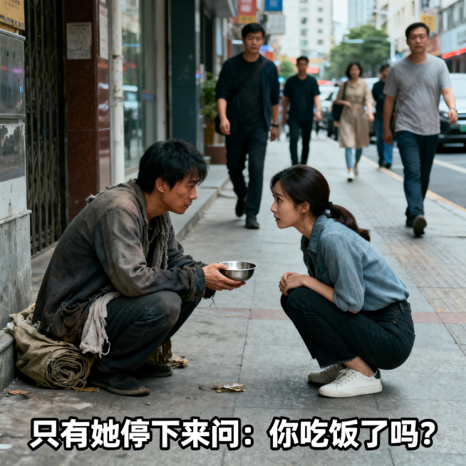 短剧广告近正方形小方图，真人摄影风格，超写实，电影质感，城市街道街边场景，亚洲帅气男主蹲着乞讨，只有亚洲美女蹲下，关切地看着乞讨碗，其他路人绕道走开，底部添加白字带黑描边文字："只有她停下来问：你吃饭预览效果