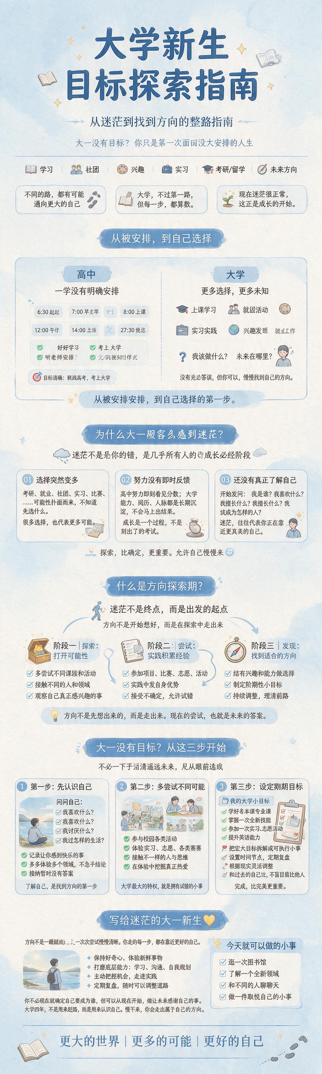 竖版信息长图海报，大学新生目标探索主题，简约清新校园风格，米白… - 图片创意预览