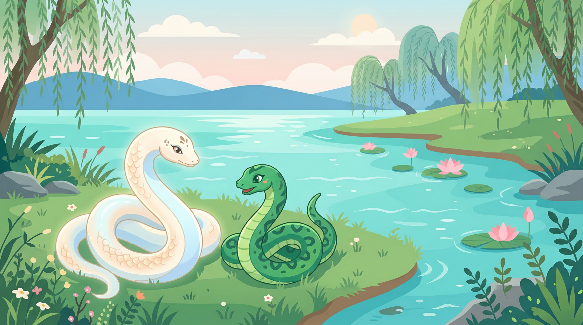 2D扁平插画风格，湖边场景，两条灵蛇盘卧在湖畔青草边，一条通体雪白泛着淡蓝色柔光，鳞片细腻温润，是白素贞的原型；另一条通体青绿色带着暗纹蛇鳞，灵动活泼，是小青的原型。湖水清澈泛着微波，岸边点缀着荷花和预览效果