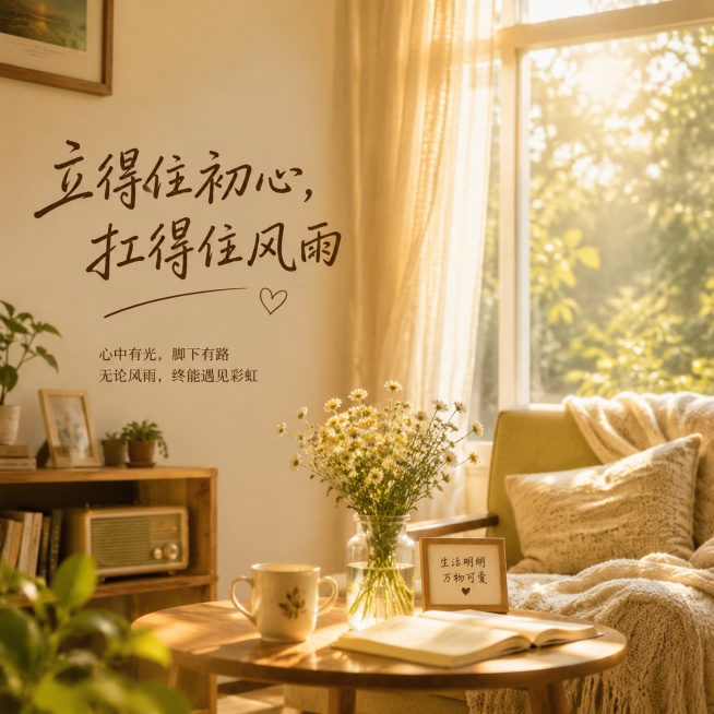 生成一幅生活温馨且传递坚强信念的图片，整体氛围温暖治愈，画面中展现一个宁静温暖的居家角落，阳光透过窗户洒进来，搭配文字“立得住初心，扛得住风雨”，整体风格柔和治愈，传递出坚韧从容的生活态度预览效果