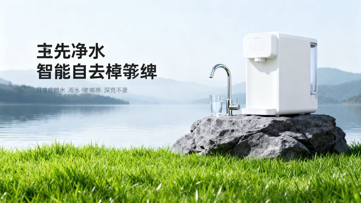 前面是草地，草地背后是水面和远山，带一点仰视，左边是放主标题的文案，右边是岩石，岩石上面放了一台净水器，和水龙头杯子，多生成几张预览效果