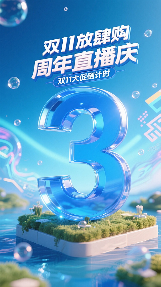 巨型蓝色透明玻璃质感数字 “3”，顶部设置 “双11放肆购 周年直播庆” 主题标签，搭配 “双11大促倒计时 ”文字，背景采用亮蓝渐变，融入炫光、气泡、乱码等装饰元素，整体营造紧迫的促销倒计时氛围