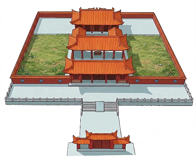 把图中两处绿色填充区域修改为真实自然的草坪，保持原有中式古建筑和整体布局风格不变