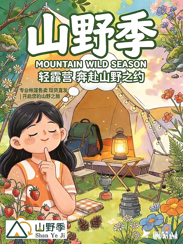 在海报画面的左侧位置添加小号文字，文字颜色和标题保持一致，文字内容突出售卖帐篷的露营主题，保留原海报所有设计元素、标题文字和整体插画风格不变
