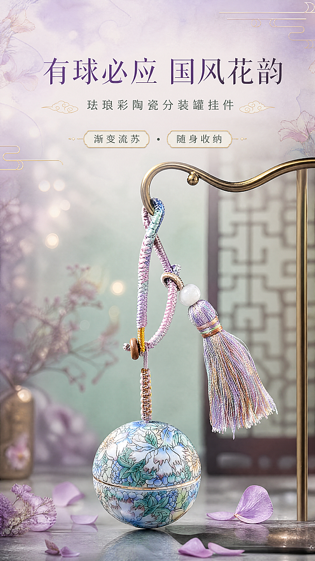 [商品] 使用【图1】国风万花款珐琅彩陶瓷球形分装罐挂件；保留球形陶瓷罐体、紫绿蓝渐变花卉珐琅彩图案、金色描边分割线、渐变粉紫蓝流苏挂绳、白色圆珠、编织挂扣、棕色木珠等全部结构与颜色；商品处理：保留原有花纹与材质质感，增强陶瓷釉面光泽与流苏丝线细腻度，不改变产品结构和图案。
[画面] 目标：氛围头图，突出国风雅致颜值与整体造型美感。构图：居中偏下展示完整挂件，产品占画面约65%，上方留白放标题文字；前景散落几片淡紫色干花花瓣，中景为挂件主体，后景为柔焦新中式屏风纹理与柔和光斑；悬挂于精致铜钩上，流苏自然垂坠，营造东方雅致意境。
[视觉] 套系策略：风格=国风雅致新中式商业摄影；标题字=清雅宋体衬线体；正文字=简洁无衬线体；主色=莫兰迪紫+青瓷绿；背景延展=基于紫绿调做深浅渐变、宣纸纹理与柔焦光晕；强调色=鎏金色，仅用于小面积图标、引线和装饰线条；标题色=深墨紫；正文色=灰褐绿；组件=圆角描金信息卡、细金线引线、云纹装饰元素；光影=左前侧柔光，陶瓷表面有柔和高光，流苏有通透光感。
[文字] 上方居中主标题「有球必应 国风花韵」，副标题「珐琅彩陶瓷分装罐挂件」，下方配2个短卖点「渐变流苏 · 随身收纳」，文字不遮挡陶瓷罐体主花纹；全部横排排版。
[规格] 图片比例9:16竖版，4K分辨率，负向提示：避免变形、错字、文字过小、冷蓝背景、产品结构改变、图案错乱、塑料质感、模糊。