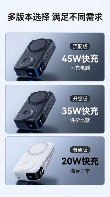 [主图 3] 金音盾磁吸无线充电宝多规格选项展示图，展示不同功率版本。氛围风格：统一科技简约风格，清晰直观。画质：高清商业摄影，产品清晰，画面干净。从上到下依次展示三个版本：顶配版45W快充、升级版3预览效果