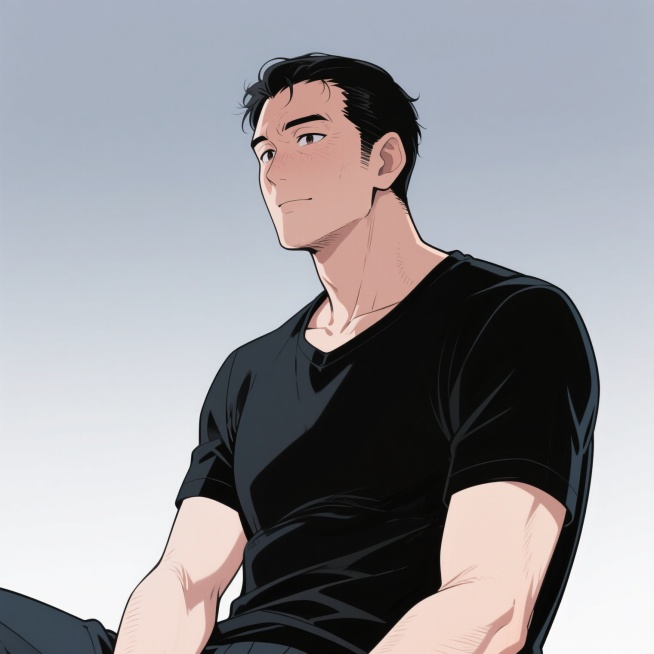 一个男性中年动漫人物，冷白皮，穿着黑色短袖，只展示上半身，坐着侧身肩膀展示，画面简洁，人物形象清晰，符合动漫风格预览效果