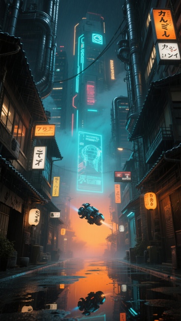 赛博朋克风格城市夜景，垂直向上的未来主义建筑群，融合日式传统町屋与金属管线结构，街道中央悬浮着全息投影广告，雨雾中霓虹灯光呈现青蓝与橙黄的撞色渐变，地面水洼倒映着动态的全息影像，空中有飞行摩托穿梭，两侧建筑挂有日文与未来符号结合的发光招牌，整体氛围潮湿迷离，光影层次丰富，充满科技感与异域文化交融的视觉冲击力。预览效果