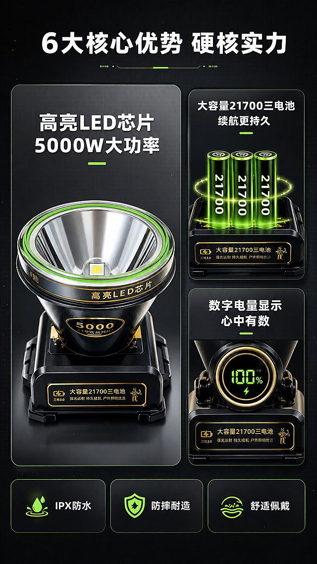 [商品] 使用【图6】LED防水头灯正面视角；保留黑色主体、绿色灯圈、金色"高亮LED芯片"文字、5000标识、21700三电池标识、方形底座结构，真实照明方向朝前。
[画面] 目标：核心卖点总览，建立产品整体认知。左1大+右2小瀑布流卡片布局，左侧大卡片占画面50%展示头灯正面大图，右侧上下两个小卡片各展示一个卖点。背景为深灰色科技感渐变，带细微网格纹理。产品位于左侧大卡片中央，占卡片70%。
[视觉] 套系策略：风格=深色科技性能风商业摄影；标题字=粗黑无衬线黑体；正文字=简洁无衬线黑体；主色=深黑+炭灰；背景延展=基于深黑做深灰渐变、科技网格纹理、微光粒子；强调色=荧光绿+金色，仅用于小面积图标、引线、标签；标题色=纯白；正文色=浅灰白；组件=圆角深色信息卡、细线引线、发光图标；光影=左前侧主光，右侧金色轮廓光，产品底部柔和投影。
[文字] 顶部主标题"6大核心优势 硬核实力"，左侧大卡片内配文字"高亮LED芯片 5000W大功率"，右上卡片"大容量21700三电池 续航更持久"，右下卡片"数字电量显示 心中有数"，底部横向排列3个小卖点标签："IPX防水"、"防摔耐造"、"舒适佩戴"，全部文字横排。
[规格] 图片比例9:16竖版，4K，medium。避免变形、错字、文字过小、产品结构改变、颜色失真。