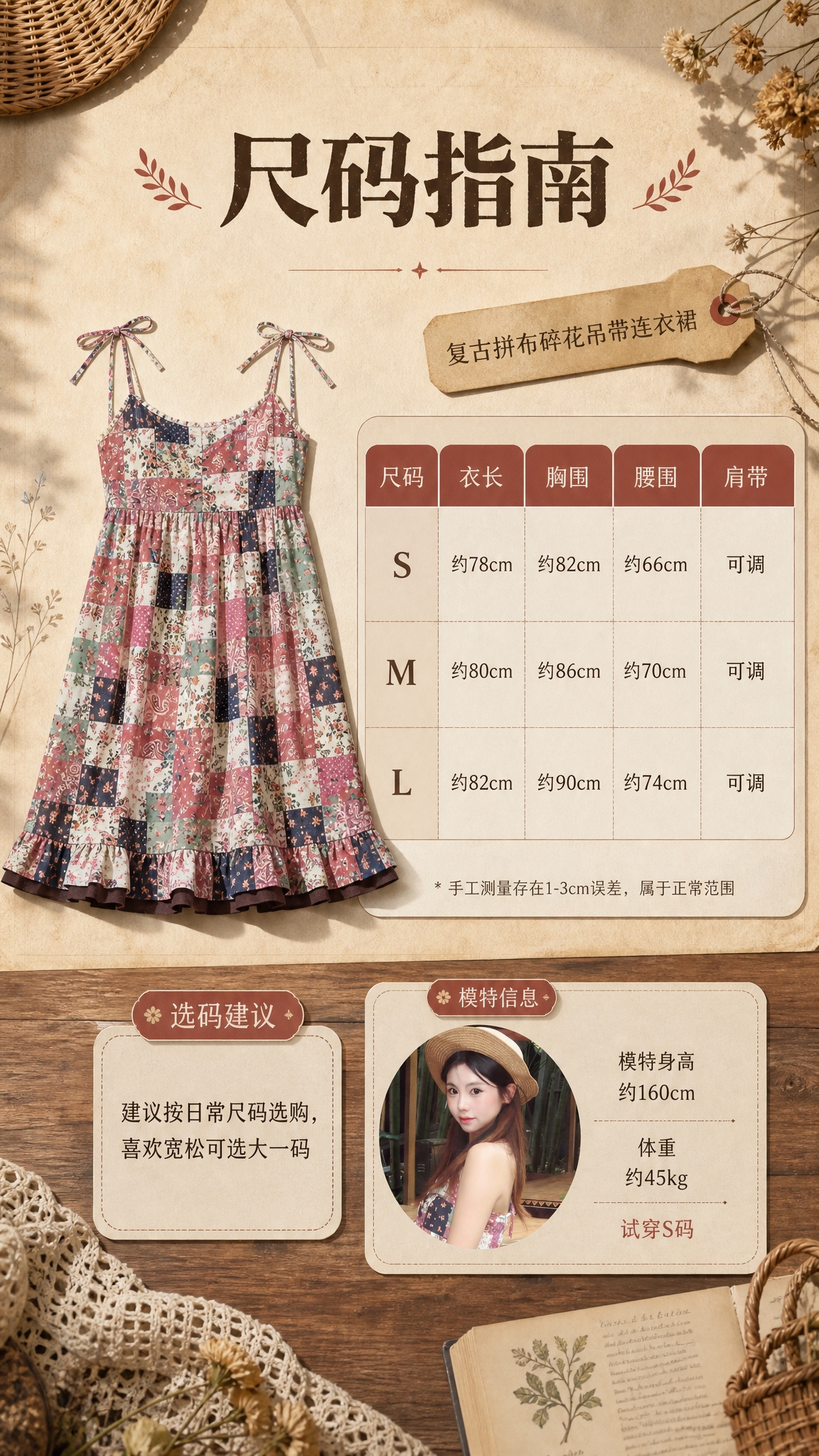 [商品] 使用【图1】复古拼布碎花吊带连衣裙；商品处理：保留吊… - 图片创意预览