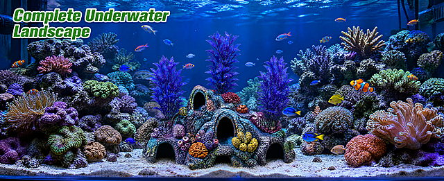[第2屏] Finished Aquascape Effect Display. This screen uses [image2] as a style reference, showing the complete effect after installation in a fish tank. [Atmosphere/Style] Real natural underwater scene, bright blue water lighting, full of vitality, showing the real decoration effect. [Element layout] Full tank of water, with our coral hiding cave ornament and three purple-blue artificial aquatic plants placed in the bottom middle of the fish tank, surrounded by natural real corals and small tropical fish, keep our product color and structure consistent with the original drawing, the product is located in the visual center, highlighting the decoration effect. Water depth is natural, layers are clear, small fish swim around, the picture is vivid. [Light and shadow texture] Blue tank lighting, soft water light penetration, natural light and shadow levels, product color brighten under water, keep clear texture. [Color matching] Overall tone: deep blue water, with multi-color corals and ornaments, main color matching: dark blue water + colorful ornaments, coordination and lively. [Perspective composition] 61:25 horizontal composition, full tank display, focus on the center product, clear level. [Text layout] Top title "Complete Underwater Landscape", green bold words with white border, each main word capitalized, located at the top left, do not affect the main scene display, all English. [Proportion resolution] 61:25 wide screen, 4K resolution, high definition. [Negative prompt] Product deformation, color distortion, Chinese characters, watermark, text clutter, picture blur, exaggerated effect.