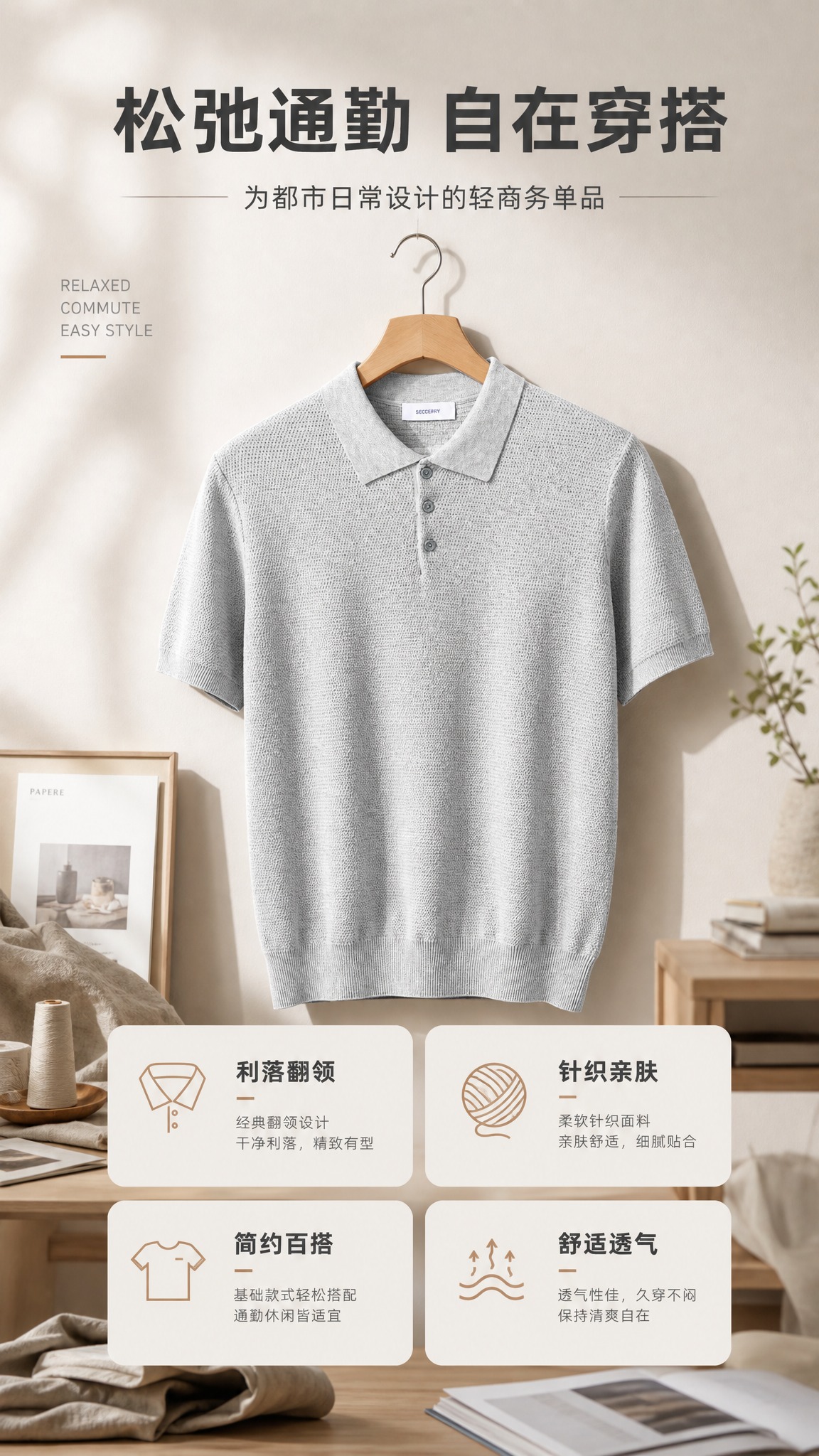 [商品] 使用【图1】浅灰色针织短袖Polo衫；商品处理：保留… - 图片创意预览