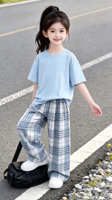用图1的短袖和宽松阔腿裤替换图的2的人物穿搭衣服裤子，保留原场景光影，保持图2的人物的五官和发型不变，图片宽高尺寸不变，背景不变，鞋子变为白色运动鞋，人物姿势不变，保持图1的短袖和裤子的款式材质不变和预览效果