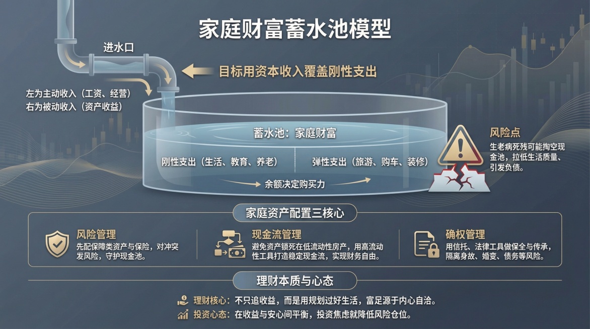 生成一张16:9的图片，包含以下所有文字：家庭财富蓄水池模型蓄水池：家庭财富=刚性支出（生活、教育、养老）+弹性支出（旅游、购车、装修），余额决定购买力。进水口：左为主动收入（工资、经营），右为被动收预览效果
