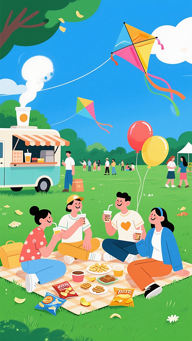 清新插画风，卡通人物野餐，轻拟物细节，展现春日欢乐氛围。