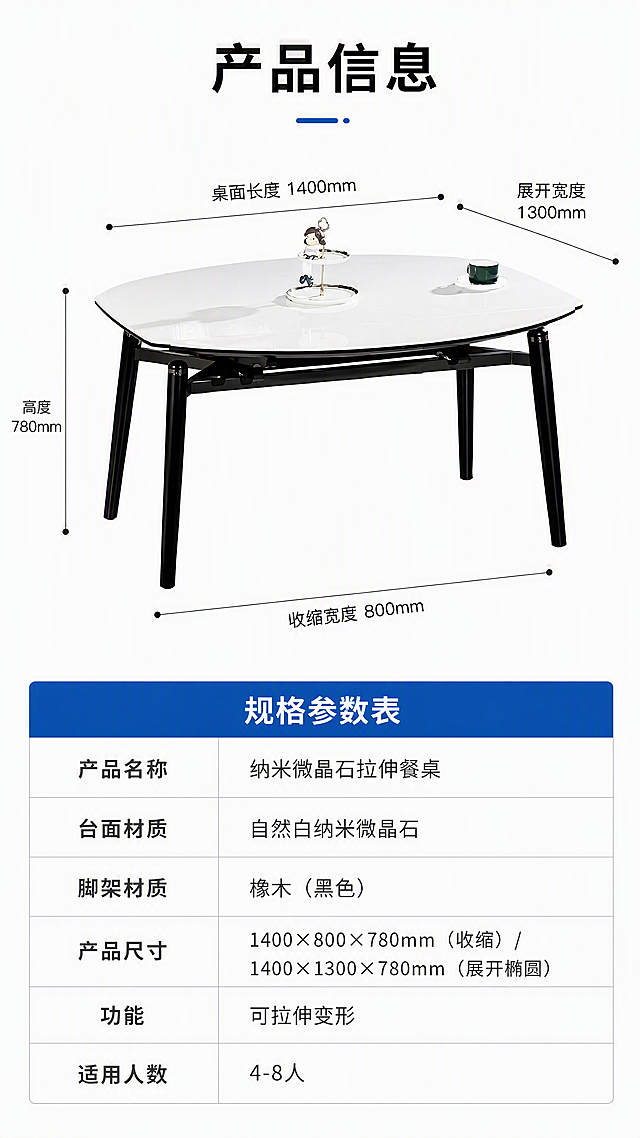 [第8张] 详情页产品信息-规格参数表+尺寸标注收口。本张使用【图1】作为产品示意，保持外观一致。
[氛围/风格] 专业参数展示风，简洁清晰，信息规整，明亮干净的白底风格。
[元素布局] 画面上半部分为餐桌正侧视示意图，占比约40%，带关键尺寸引线标注；下半部分为规格参数表，整齐排列。餐桌保持白色台面+黑色橡木脚架的外观，线条简洁清晰。
[光影质感] 均匀无影照明，产品轮廓清晰，台面干净，整体明亮无阴影干扰。
[配色色系] 全局底色 #FFFFFF 纯白亮调；主色白+黑；辅助色深灰文字、浅灰表格线、蓝色表头强调。
[视角构图] 上半部分产品45°视角居中，下半部分参数表居中对齐，阅读动线从上到下：产品示意 → 参数详情。
[文字版式] 顶部大标题「产品信息」，黑体居中；产品示意图标注关键尺寸：「桌面长度1400mm」「展开宽度1300mm」「收缩宽度800mm」「高度780mm」；下方参数表包含：产品名称「纳米微晶石拉伸餐桌」、台面材质「自然白纳米微晶石」、脚架材质「橡木（黑色）」、产品尺寸「1400×800×780mm（收缩）/ 1400×1300×780mm（展开椭圆）」、功能「可拉伸变形」、适用人数「4-8人」。表格清晰，字段对齐，文字大小适中易读。
[比例分辨率] 9:16竖版比例，4K分辨率，文字清晰可辨，高清画质。
[负向提示词] 餐桌变形，参数错误，文字错乱，文字过小，水印，产品模糊，表格不整齐，背景杂乱。