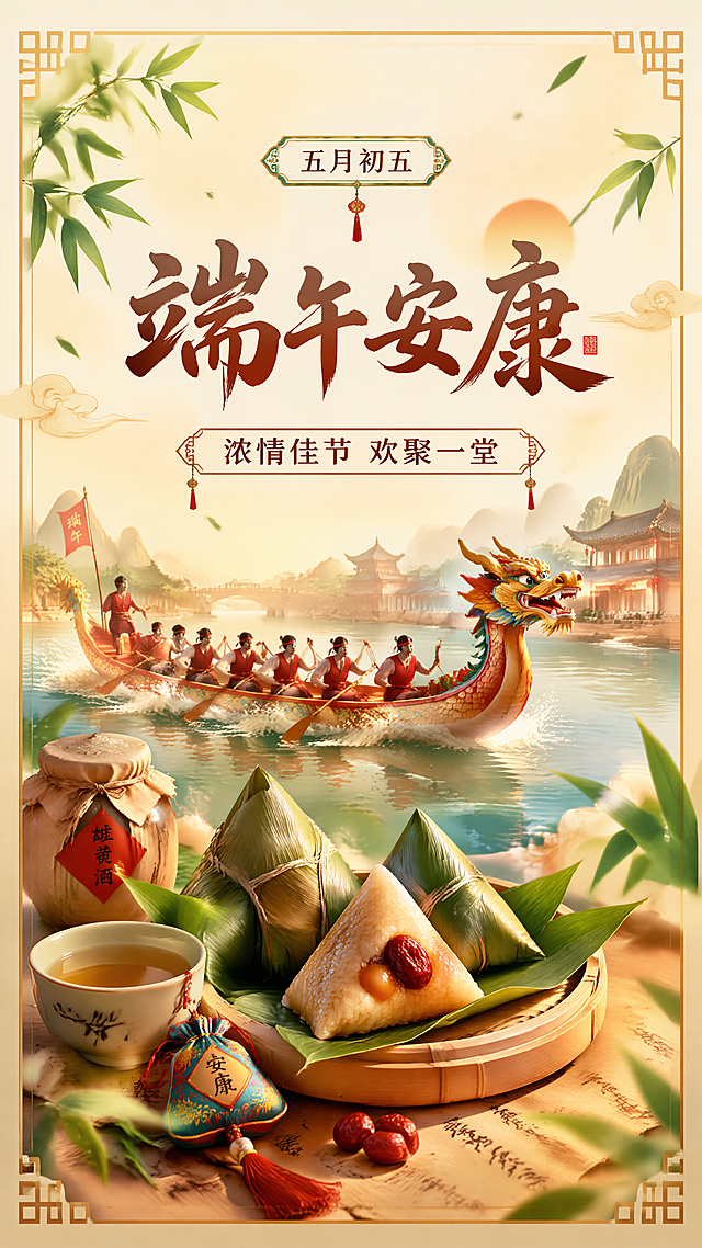 国风传统端午节海报，画面包含主标题"端午安康"，副标题"浓情佳节 欢聚一堂"，装饰文案"五月初五"，整体风格为中式国风，使用龙舟、粽子、竹叶等传统端午元素做装饰，暖色调，氛围温馨，版式精美，主次分明，画面比例9:16，文字清晰可读，四边留有安全边距，整体超高清4K画质