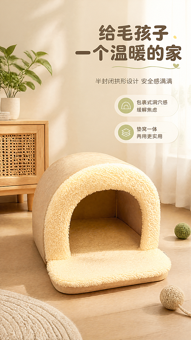 [商品] 使用【图2】【图3】米色拱形宠物窝正面视角；保留拱形结构、入口形状、羊羔绒包边、前伸垫台、外侧面料纹理和整体比例；商品处理：去除背景立牌、杂物，理顺面料，增强绒面蓬松感，不改变颜色版型。
[画面] 目标为场景种草，营造宠物家居温馨场景；宠物窝放置在北欧风客厅角落，产品占画面55%，正面朝向略偏左；左侧有木质矮柜+小盆栽，右侧地面散落宠物玩具球，背景是暖白色墙面+纱帘透进的柔和自然光，地面为浅木色地板；右上方留白放文案。
[视觉] 套系策略：风格=温暖治愈宠物家居商业摄影风（1688批发专业感）；标题字=圆润粗黑体；正文字=简洁无衬线体；主色=暖米杏色；背景延展=基于暖米杏做深浅层级、同色渐变和细腻织物/哑光墙面质感；强调色=抹茶绿，仅用于小面积图标、引线和标签；标题色=深暖棕；正文色=中暖灰；组件=圆角浅底信息卡、细线引线、软萌圆点装饰；光影=左前侧暖柔光，右侧柔和补光，底部自然接触阴影。
[文字] 右上区域主标题「给毛孩子一个温暖的家」，副标题「半封闭拱形设计 安全感满满」，下方2个卖点：「包裹式洞穴感 缓解焦虑」「垫窝一体 两用更实用」；文字不遮挡窝入口。
[规格] 图片比例9:16竖版，4K分辨率，负向提示：避免变形、错字、文字过小、冷蓝背景、产品颜色改变、背景杂物、立牌。