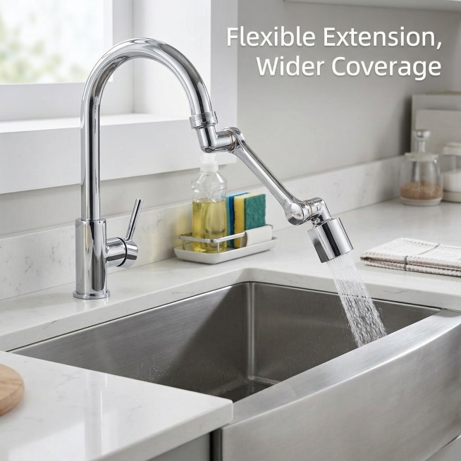 Keep the original mechanical arm universal faucet extender product unchanged, show it extending to t预览效果