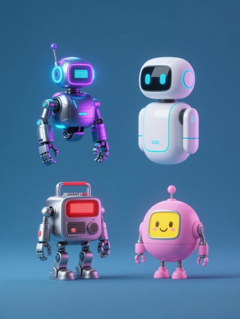 4个造型迥异、风格不同的科技系列机器人素材集合规整排布，均为纯色背景。第一个是赛博朋克风格机器人，金属质感外壳，霓虹蓝紫色调，头部有天线和显示屏，身体有机械臂；第二个是未来极简风格机器人，白色光滑机身，蓝色线条点缀，圆形头部和方形身体；第三个是复古科幻风格机器人，银色金属外壳，红色指示灯，带有老式收音机元素；第四个是可爱科技风格机器人，粉色圆润机身，黄色笑脸屏幕，短小四肢。每个机器人都保持核心……预览效果