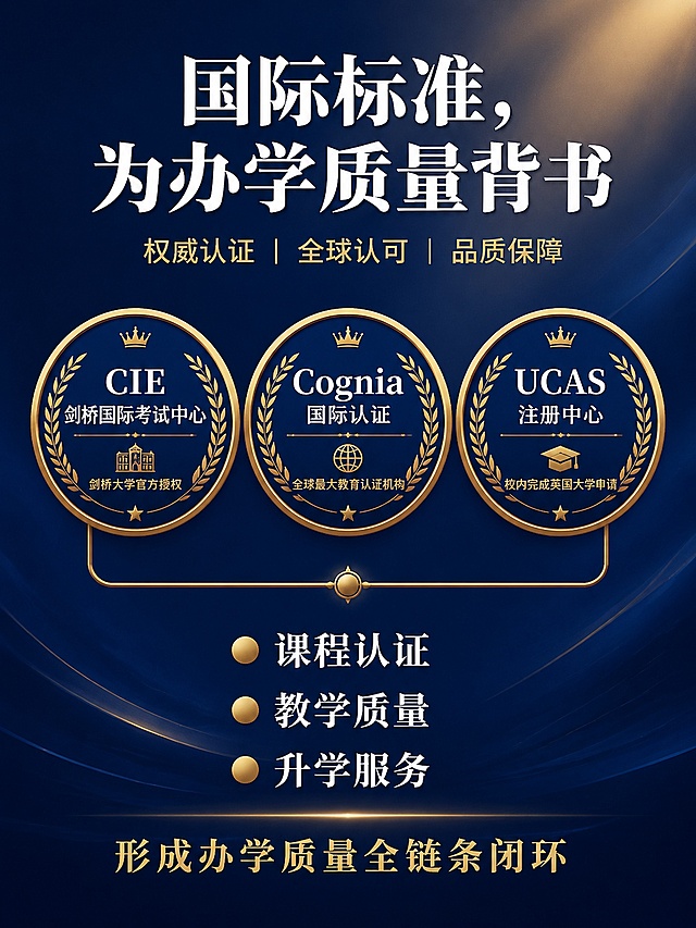 P8国际认证体系：深圳高端国际学校宣传图文第八页，竖版3:4比例，政企深蓝金配色，认证徽章风格。背景为深蓝色渐变，有淡金色光晕效果，庄重权威。

顶部白色大标题："国际标准，为办学质量背书"，下方金色小字。

中部三个认证徽章横向排列，每个徽章是圆形金色边框，内部深蓝色底，有白色认证名称和金色装饰纹：
第一个徽章："CIE 剑桥国际考试中心"，小字"剑桥大学官方授权"
第二个徽章："Cognia 国际认证"，小字"全球最大教育认证机构"
第三个徽章："UCAS 注册中心"，小字"校内完成英国大学申请"

徽章下方有一条金色连接线，形成完整闭环示意。

底部白色文字三行，每行前有金色圆点：
● 课程认证
● 教学质量
● 升学服务
最下方金色文字："形成办学质量全链条闭环"

整体庄重权威，认证感强，政企风，高端教育品牌质感。画面中所有文字必须精确渲染，不得错位、遗漏或编造。