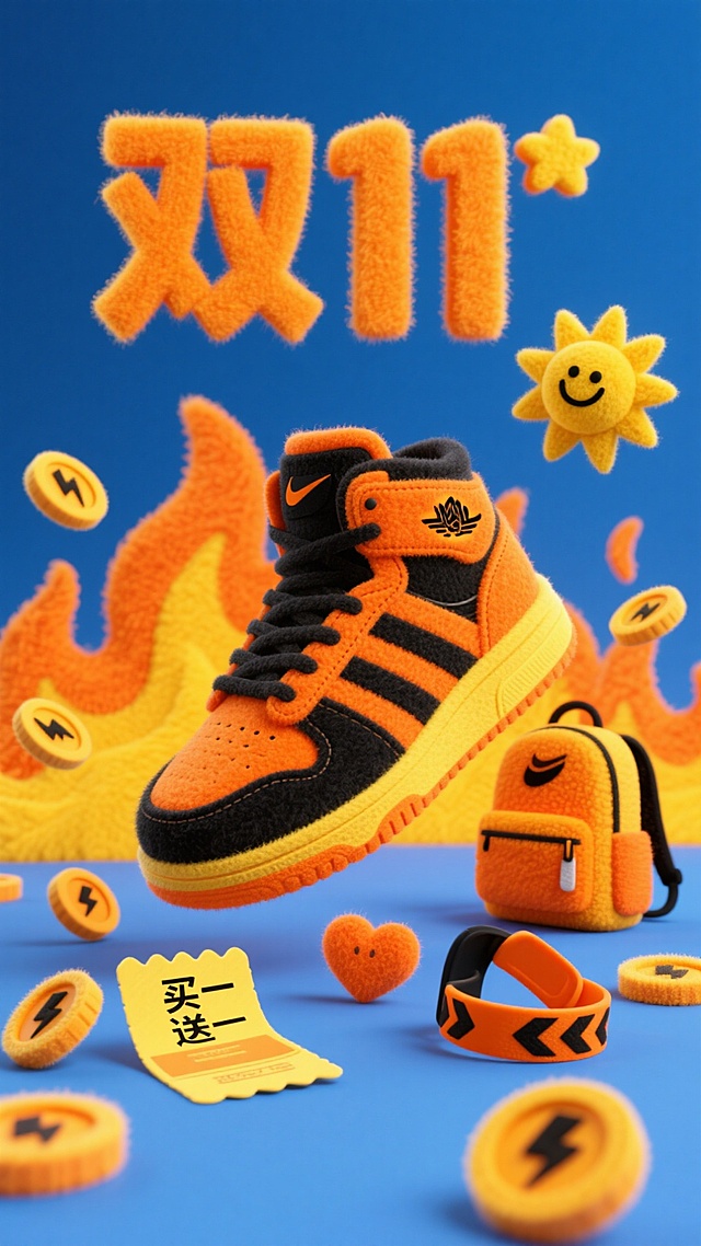 橙黑配色鞋包等，搭配火焰、笑脸元素，营造双 11 热烈活泼的购物氛围