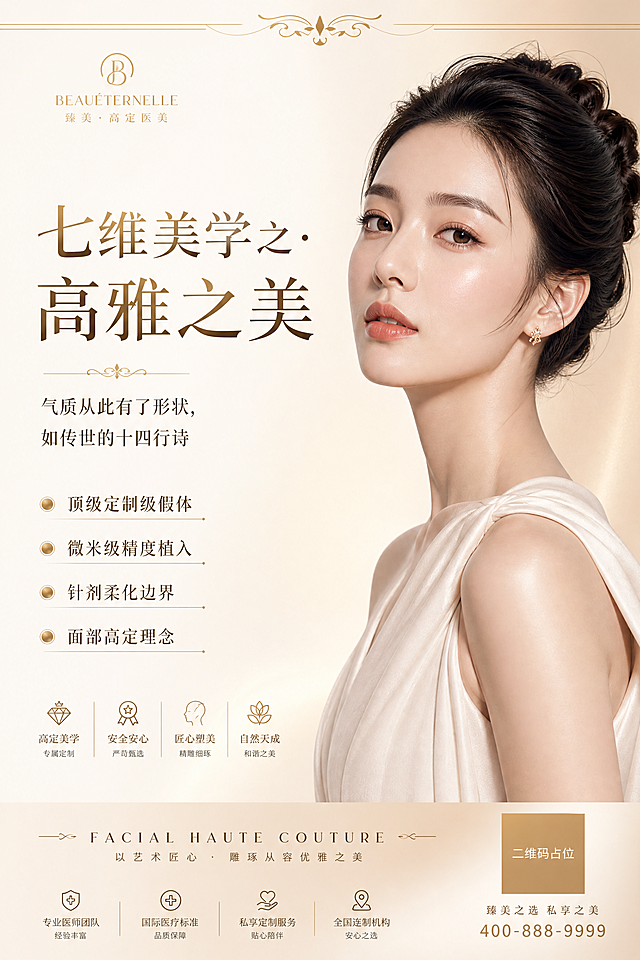 高端医美品牌主视觉海报，A4竖版，极简留白风格。画面右侧是一位高雅矜贵的东方美女半身像，肌肤完美无瑕，面部轮廓精致立体，鼻梁高挺，下颌线条优美，脖颈修长，肩颈线条优雅，皮肤细腻通透有光泽，眼神沉静自信，散发着从骨相里透出的贵族气质，身穿简约米白色高定礼服，头发优雅盘起。背景为渐变的米白到浅香槟金色，左侧大面积留白用于排版。顶部有细金线装饰。画面左侧排版：主标题大字"七维美学之·高雅之美"，副标题"气质从此有了形状，如传世的十四行诗"，下方四条精致卖点短句："顶级定制级假体"、"微米级精度植入"、"针剂柔化边界"、"面部高定理念"，每条卖点前有细小的金色圆点或短横线装饰。底部有装饰英文"FACIAL HAUTE COUTURE"。整体色调为米白、香槟金、浅裸色，高级感十足，光影柔和，商业摄影质感，版式精美，留白充足，气质优雅古典又不失现代感。画面中所有二维码区域使用纯色方块占位符呈现，方块中央标注"二维码占位"文字，严禁生成任何可识别的二维码图案。画面中所有信息区域必须填充完整合理的内容，不得出现空白框、空白占位、横线待填写区域，确保是完整可用的成品海报。