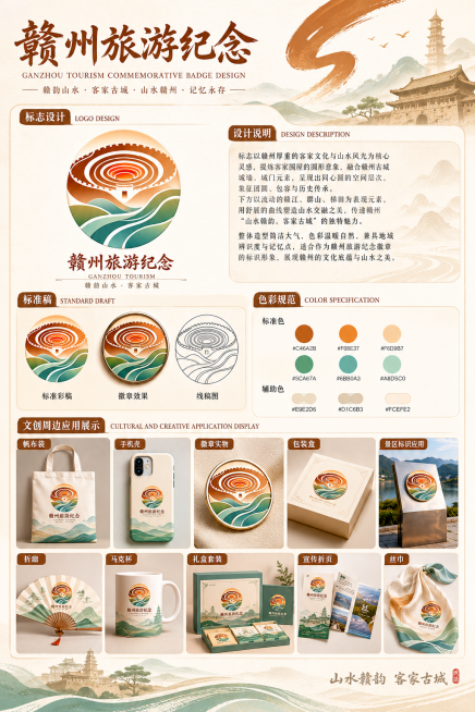 参考前两张盐池文旅设计的排版风格，为赣州徽章设计做竖版排版，包含标题、标志设计、设计说明、色彩规范、标准稿、线稿及文创周边应用展示，整体风格统一，暖棕+青绿主色调，将提供的十张赣州徽章设计图和设计说明预览效果