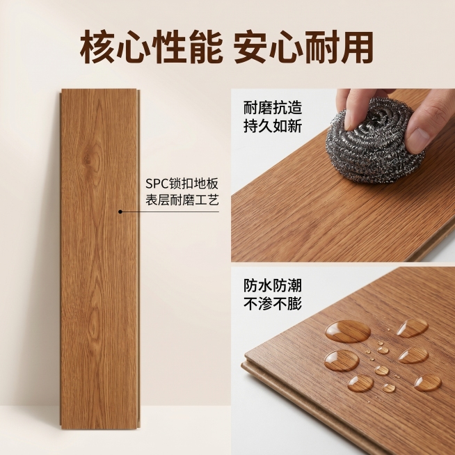 「图片1」，生成一套主图（5张），商品名称是spc锁扣地板，卖点是零醛环保、防水防潮、耐磨抗造、地暖适配、安装便捷、颜值高易打理，风格是简约风，适配淘宝/天猫平台，主图比例为1:1预览效果