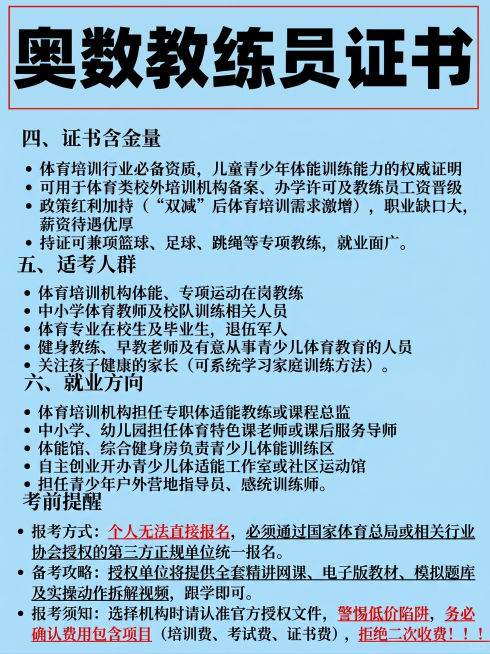 保留原图片排版，将内容文字替换为用户提供的文字：标题改为"奥数教练员证书"，四、证书含金量：体育培训行业必备资质，儿童青少年体能训练能力的权威证明 可用于体育类校外培训机构备案、办学许可及教练员工资晋预览效果