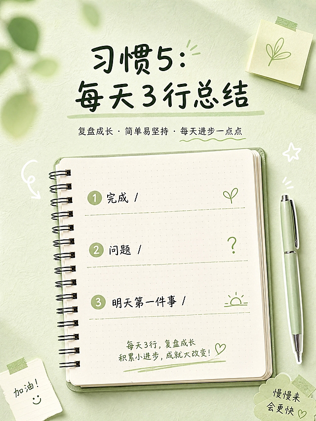 小红书笔记内页，习惯5每天3行总结，笔记本截图风格，手账风浅绿背景，版式精美，小红书笔记封面质感。标题：「习惯5：每天3行总结」。中间一个打开的笔记本截图样式，3行模板：第一行「完成 /」，第二行「问题 /」，第三行「明天第一件事 /」。每行前有小序号或圆点标记。背景：浅绿色便签纸纹理。装饰：笔记本有线圈装订细节；旁边一支笔的小插画。整体氛围：复盘成长、简单易坚持、治愈感。画质：高清细腻，信息层级清晰，文字完整处于安全区内不可裁切，四周留安全边距。画面比例 3:4，4K。